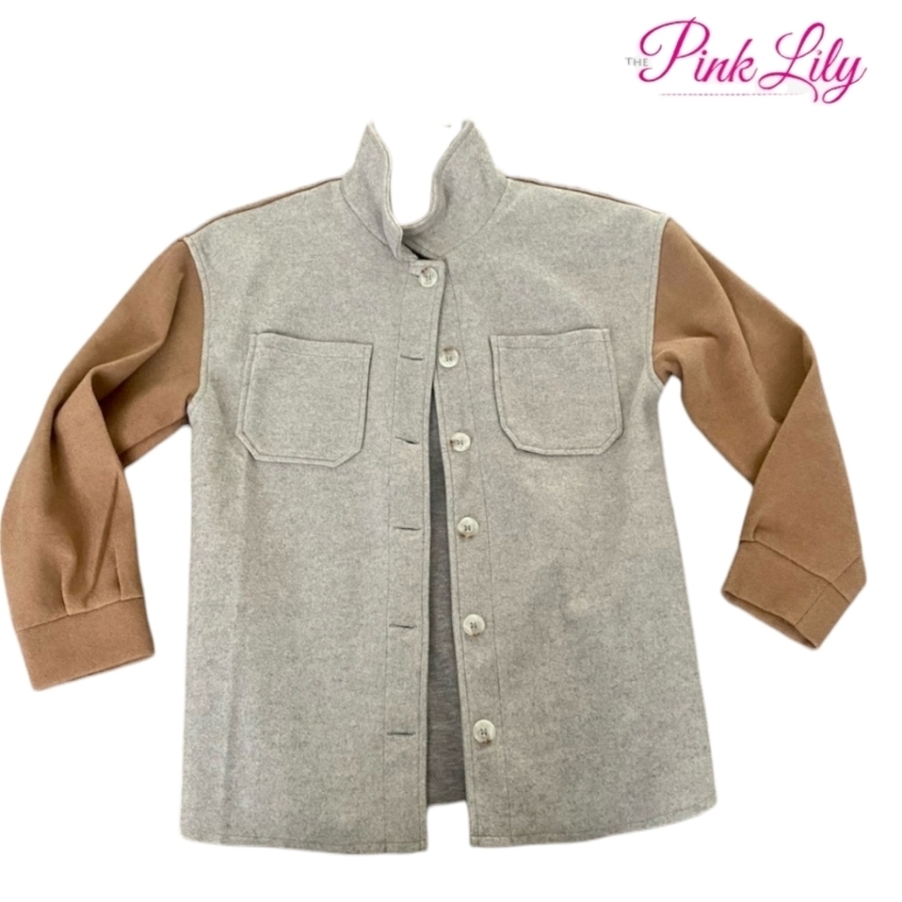 PINK LILY Shacket Pocketed Colorblock Shacket - Taupe/ Rust Size Medium - Picture 1 of 5